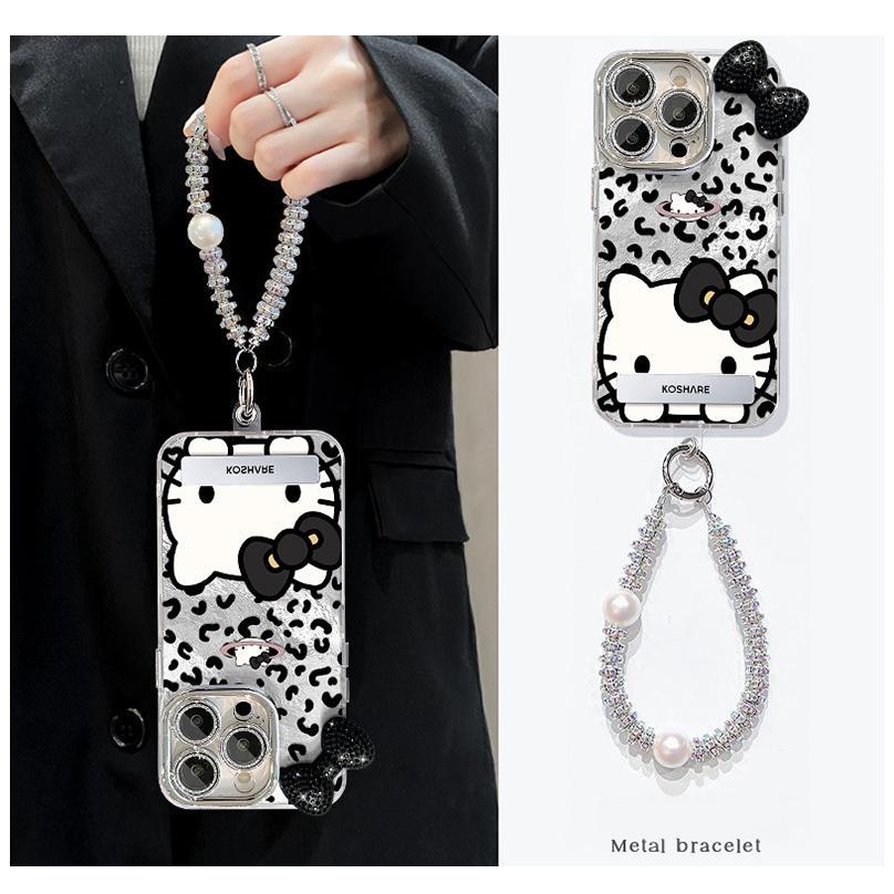 ストラップ付き キティちゃん iphone17スマホケース ヒョウ柄 蝶結び