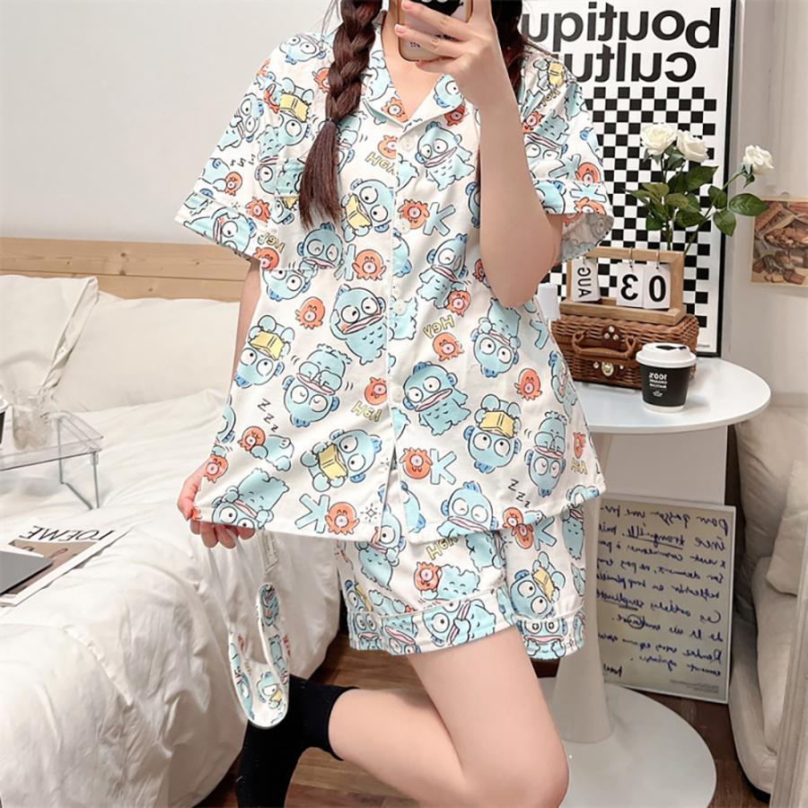 ハンギョドン×チュンシク レディースパジャマセット ハンギョドン パジャマ 上下セット 半袖 夏 春 前開き シャツ 短パン