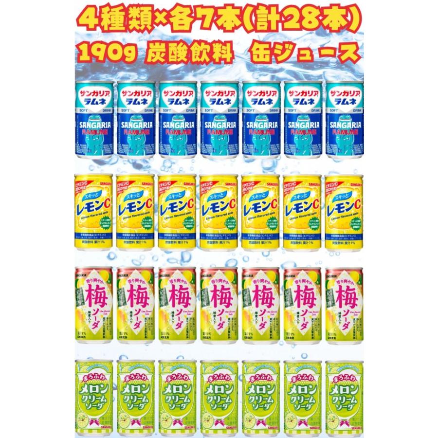 炭酸飲料 缶ジュース190g 缶4種 × 7本 (計28本) サンガリアアソート イベント用（Yahoo!・ユートピアショップ）