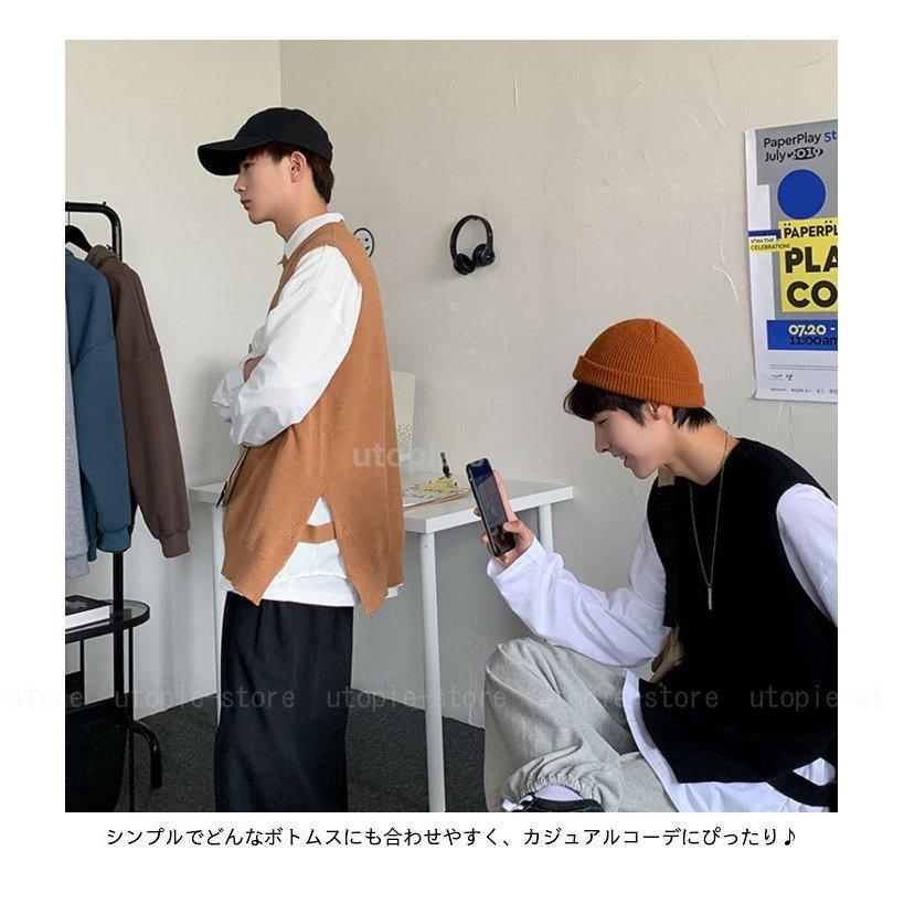 ニットベスト メンズ 秋冬 リブ おしゃれ ラウンドネック ゆったり レイヤード 厚手 無地 カジュアル 防寒 暖かい シンプル 保温 秋新作 期間限定 重ね着