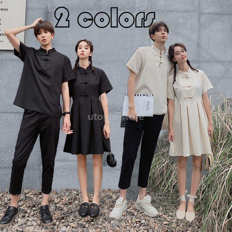 綿麻 ペアルックセット カップル シャツ 上下セット ワンピース ペアルック半袖 お揃い服 無地 プセット カップル夏服 単品売り 本物