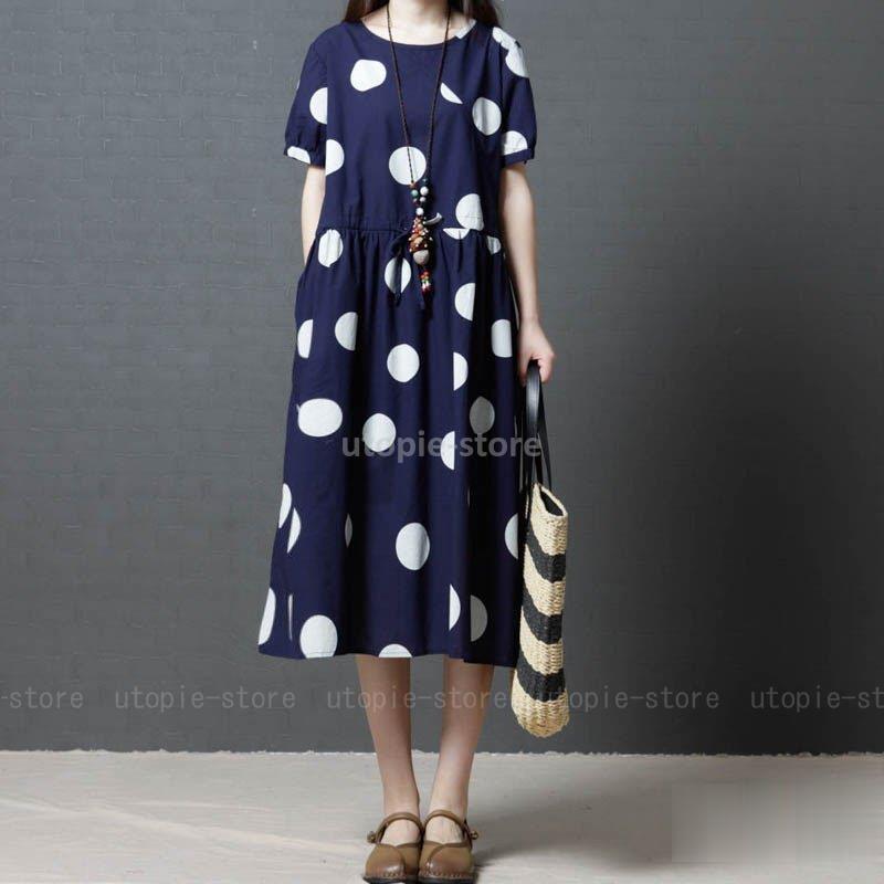 森ガール ワンピース 半袖 Aラインワンピ ドット柄 水玉 ミモレ下丈 フレアワンピース レディースファッション カジュアル 体型カバーワンピース 春夏 Utopie 通販 Yahoo ショッピング