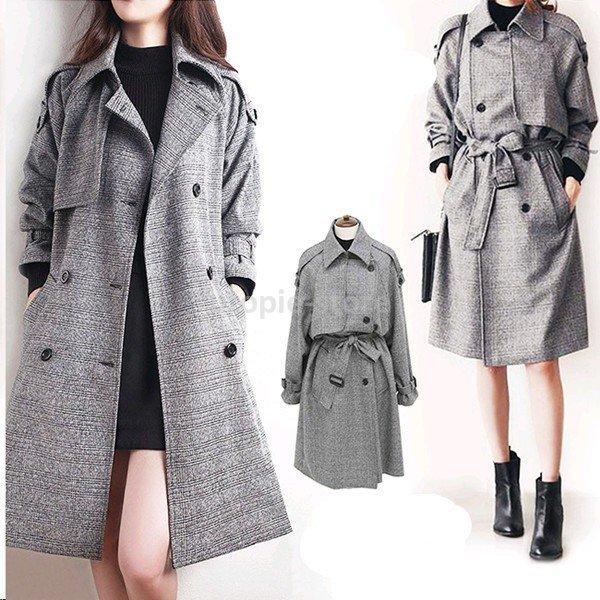 プリング コート トレンチコート レディースアウター グレンチェック 落ち着きのある柄物トレンチ グレー 春服 通勤オフィス ロングトレンチ カジュアル メール便送料無料対応可