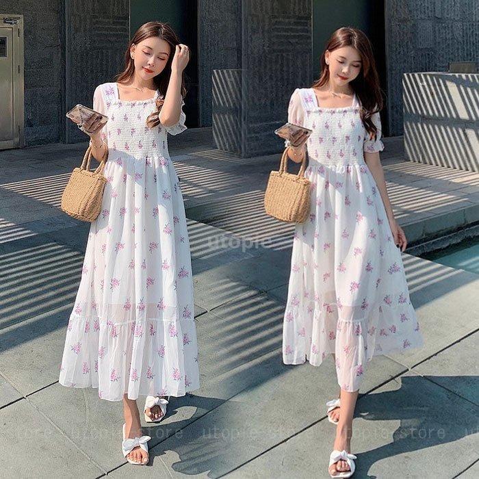 新入荷 流行 ワンピース レディース 40代 マキシワンピース 春夏 半袖 ゆったり シフォン お出かけ きれいめ花柄フレアスカート 白ワンピースパフスリーブ オシャレ結婚式