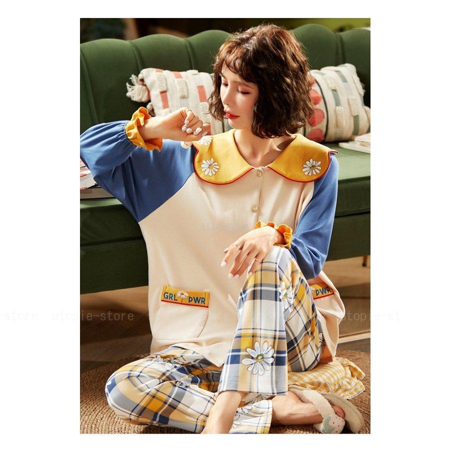 注目のブランド ナイトウェア ルームウェア ナチュラルテイスト Agg58 ポップ ロゴ 英文字 チェック柄 花柄 襟付き 上下セット レディース 部屋着 パジャマ 上下セット カラー A Hassoncaterers Com
