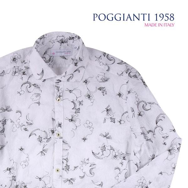 41 Poggianti 1958 ポジャンティ 長袖シャツ メンズ カジュアルシャツ 超激得sale 白 花柄 ホワイト 刺繍 並行輸入品
