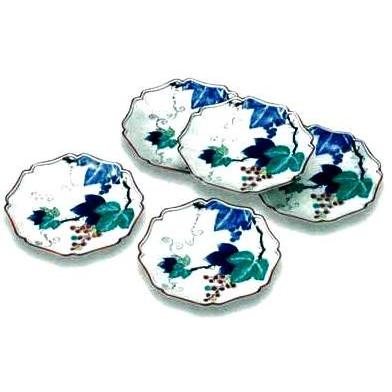 《九谷焼・絵皿》 九谷焼皿揃 染付ぶどう（食器・かざり付ける箱入） 陶芸-楽器、手芸、コレクション