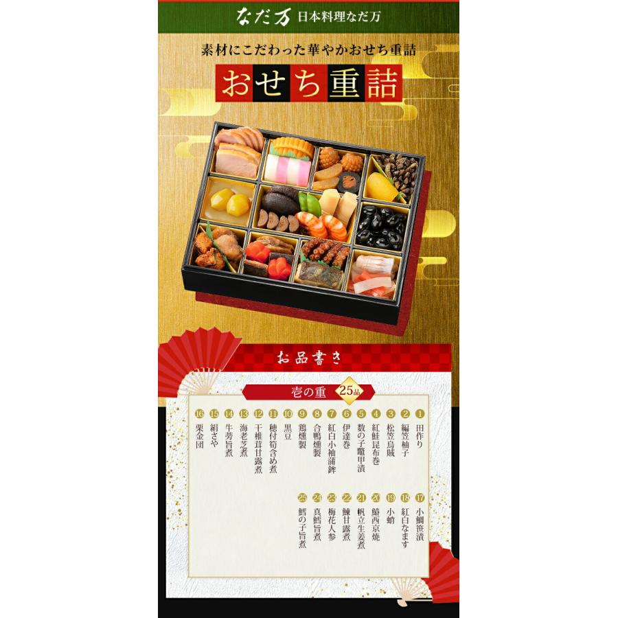 なだ万 おせち 重詰 一段重 25品目 冷蔵 和風おせち 2人前 二人前 生おせち 日 なだ万 おせち 25品目 キャンセル 神奈川 埼玉 千葉のみ 離島除く 月 予めご了承ください