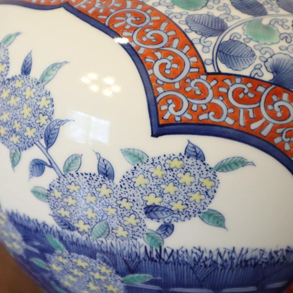 有田焼 木甲割染錦あじさい絵花瓶（木箱付） 18-094 : 有田焼 器の華