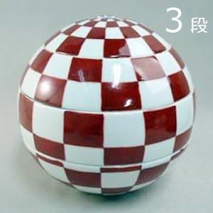 有田焼 李荘窯：赤絵市松文（混柄） 珠型三段重☆ 有田焼