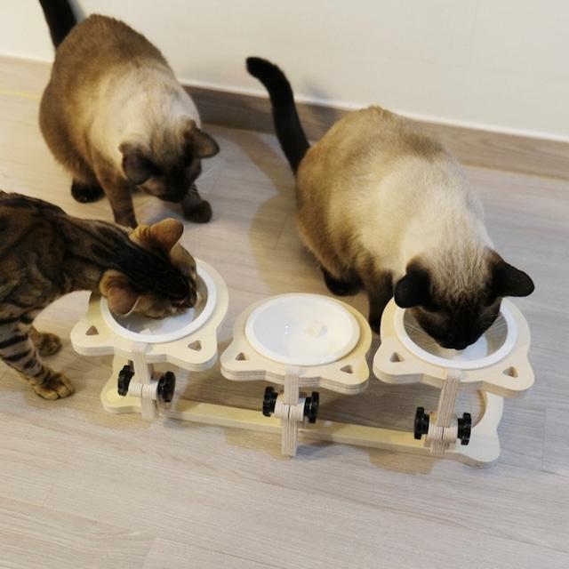 Pet Malu 猫 餌 台 皿 3口 ペア フードボウル ご飯皿 調整 調節可 ねこ