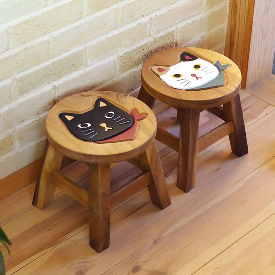 猫雑貨 スツール 木製 三毛 おしゃれ 丸 ウッド コンパクト