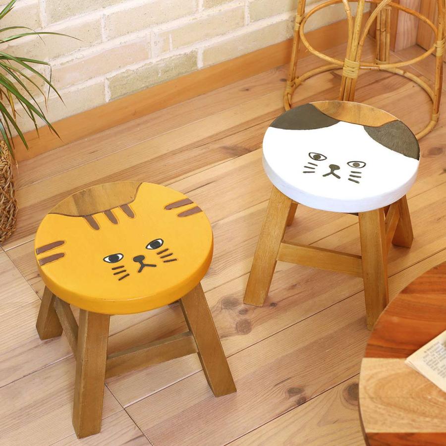 猫雑貨 スツール 木製 ハチワレ おしゃれ 丸 ウッド コンパクト