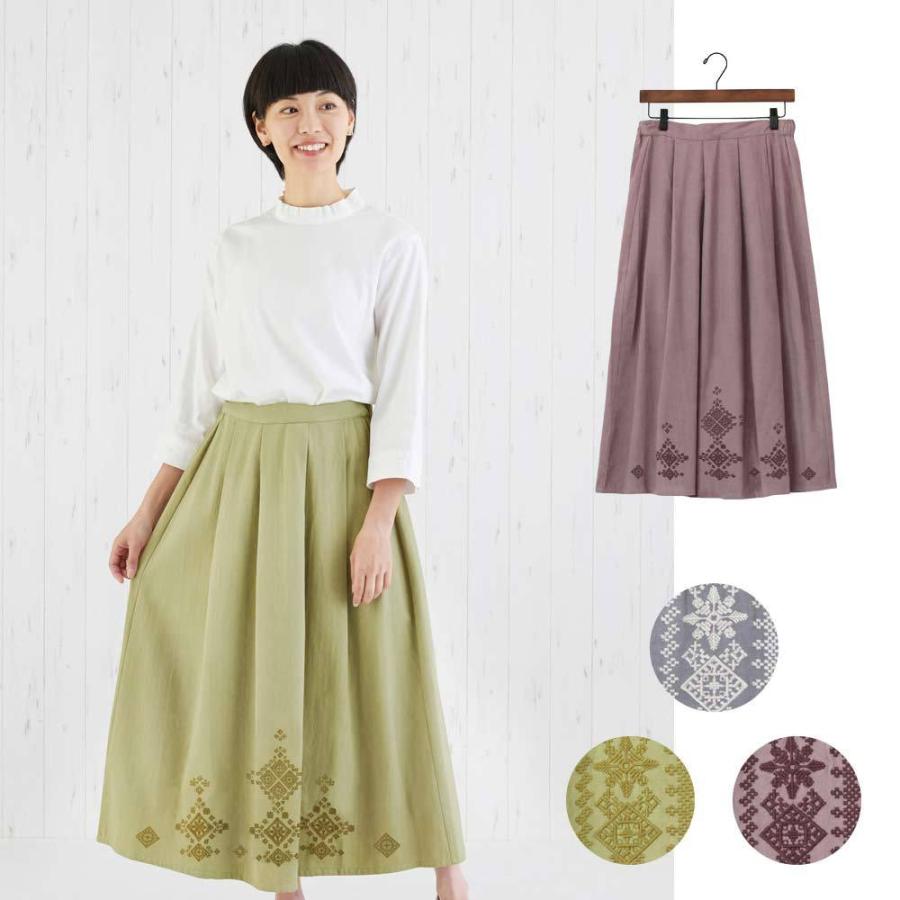 フレア ロングスカート 北欧 刺繍 タックスカート ギャザー かわいい  