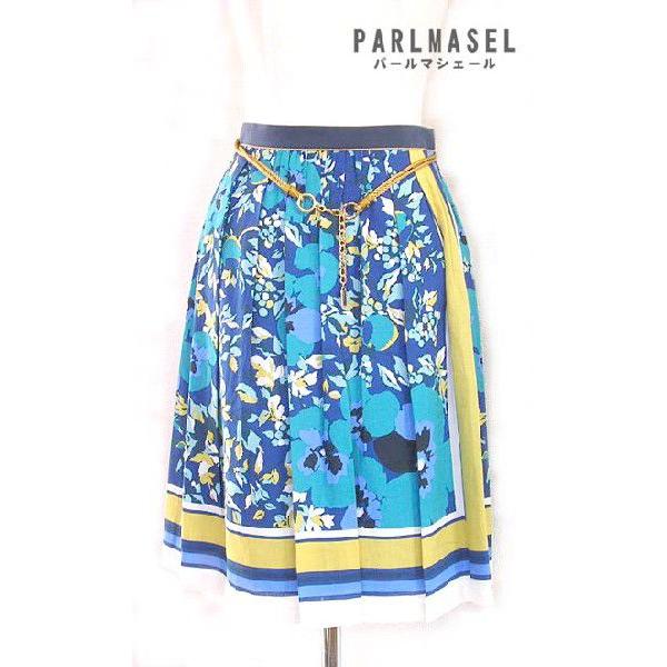 サーキュラースカート Parlmasel プリーツスカート フラワー ブルー 