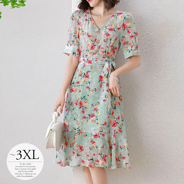 ワンピース 膝下 Vネック バルーン袖 透け感 ウエストマーク 柄 総柄 花柄 個性的 涼し気 フェミニン 大人可愛い 華やか ブルー ファッション ママ 美人 清楚 母 Keser No