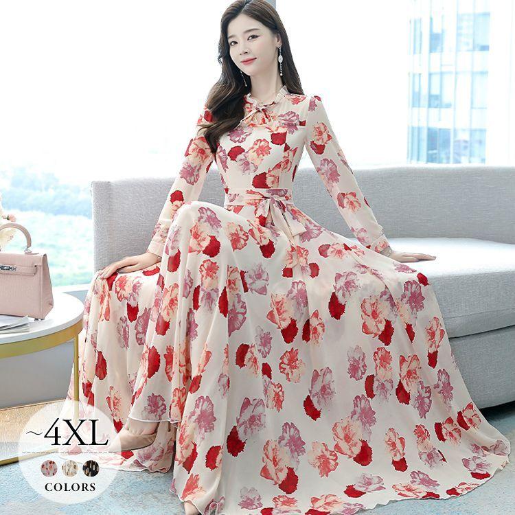 ブランドのギフト リボン 柄 総柄 花柄 長袖 長め フレアワンピ ワンピース フリルネック 清 ママ お出かけ デート ブラック ピンク ホワイト 華やか シック ラブリー 大人可愛い ワンピース Color A Lospinos Sa Com
