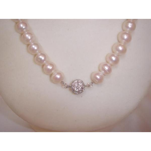 湖水パールネックレス白大粒paveクラスプ