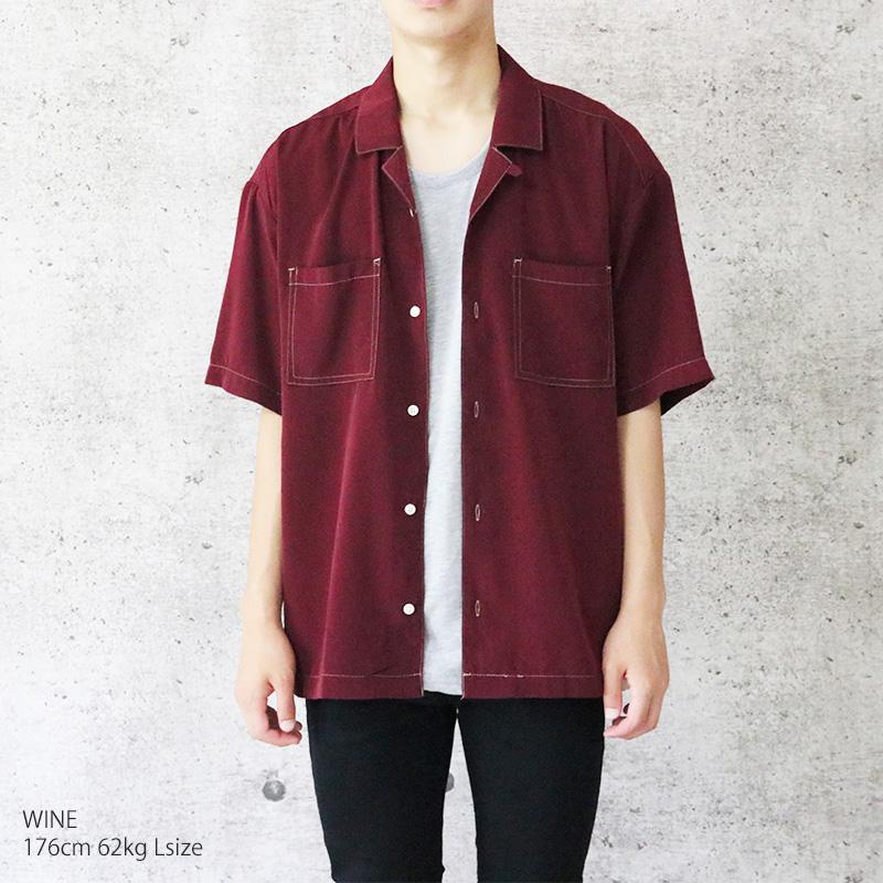 バイカラー オープンカラー シャツ ビッグシルエット 開襟 シャツ メンズ 半袖 2色 切替 配色 サテン ビッグシャツ ブラック ベージュ ワイン メール便 送料無料 h Valletta 通販 Yahoo ショッピング
