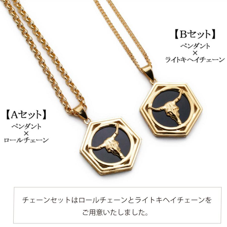 18金 メンズ ネックレス K18 イエローゴールド オニキス ローズ バッファロースカル ペンダント キヘイチェーン 『Bセット』[18k イーグル フェザー ネイティブ]の画像
