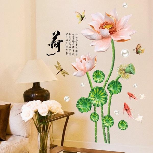 ウォールステッカー 花 おしゃれ 蓮 植物 ウォールシール 和柄 和風 和室 蝶 ピンク 緑 風景