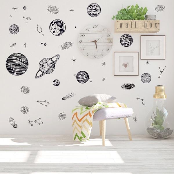 ウォールステッカー かわいい モノトーン 宇宙 子供部屋 惑星 窓 男の子 女の子 子ども 黒 モノクロ ステッカー トイレ 星 夜空 シール 地球 スター vr02686 | 
