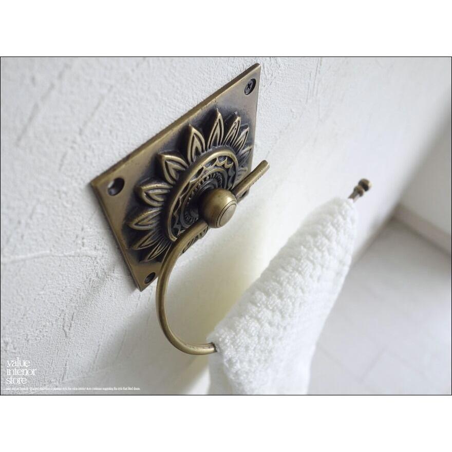 真鍮タオル掛け/フラワー 壁掛け タオルハンガー ブラス レトロ調 真鍮タオルホルダー 新品 タオルかけ エスニック バス&トレイ用品 ◆V_S | 