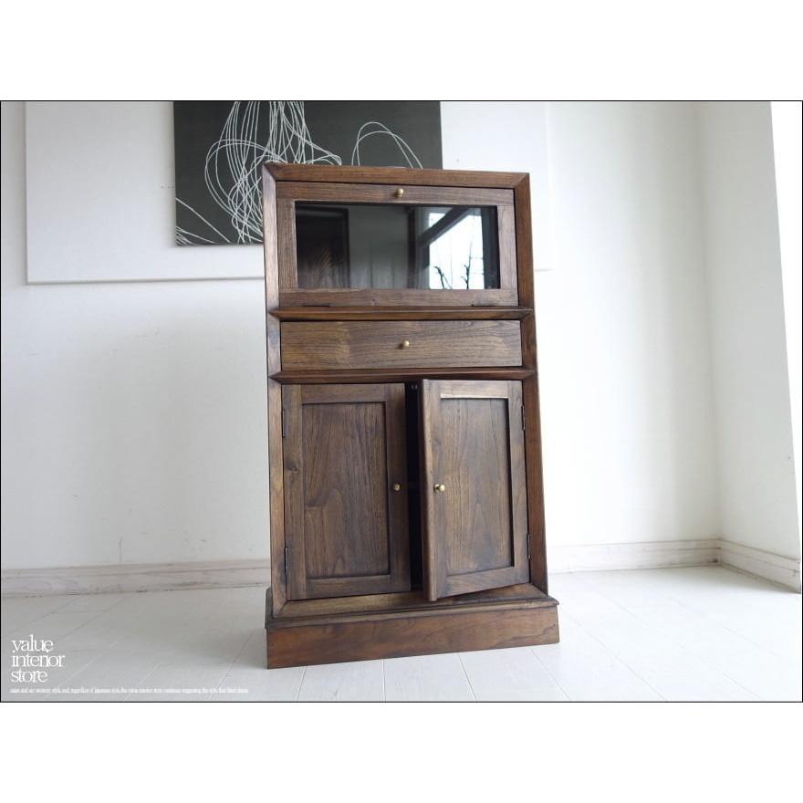 チーク総無垢材 ガラス扉付 収納キャビネットWM 食器棚 ガラスケース 飾り棚 新品 キッチン収納 保管庫 ガラスキャビネット 銘木