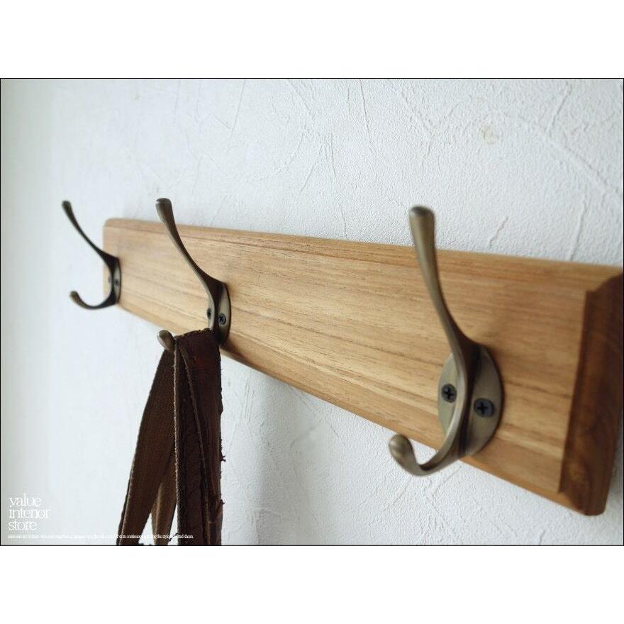 無垢 チークブラスフック3連N ウォールハンガー 新品 ウォールフック 壁掛けフック 真鍮 壁掛収納 総無垢 天然木 ナチュラル 手作り | 