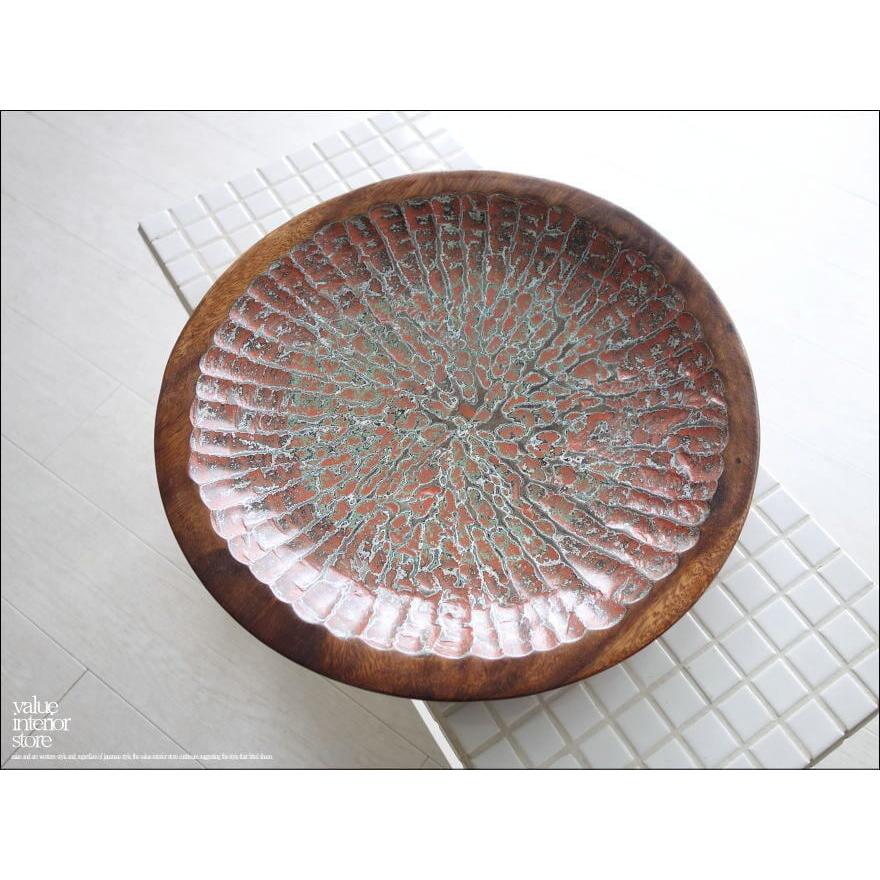 モンキーポッド総無垢材 デコレーショントレイTirano 小物入れ 飾り皿 木製 菓子器 手作り エスニック ハンドメイド 送料無料 一点物 直径39cm | 