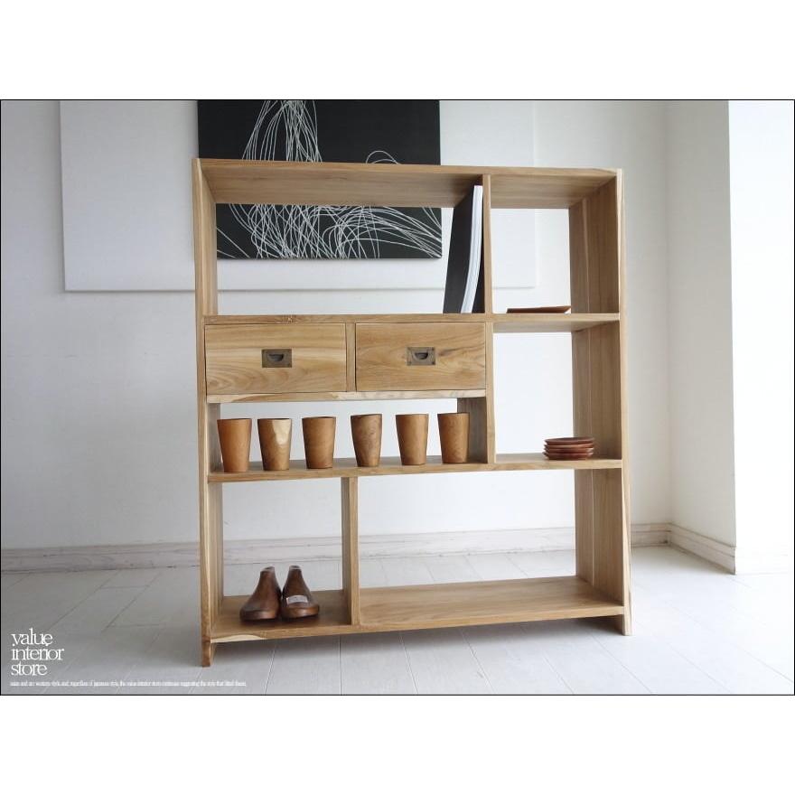 チーク総無垢 シェルフ引出二杯N 本棚 収納棚 ナチュラル 飾り棚 書棚 リビングシェルフ シンプル 間仕切り 無垢材家具 送料無料 | 