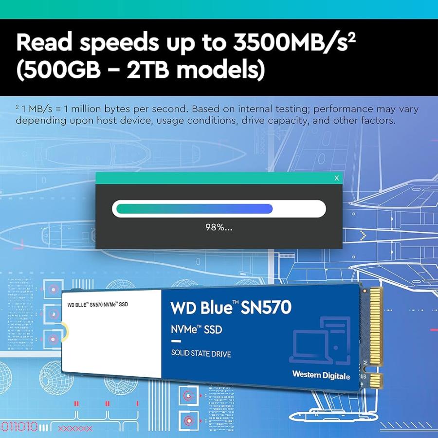 Western Digital(ウエスタンデジタル) 1TB WD Blue SN570 NVMe 内蔵ソリッドステートドライブSSD - Gen3 x4 PCIe 8Gb/秒 M.2 2280 最大3,500MB/秒 - WDS100T3B0Cの画像