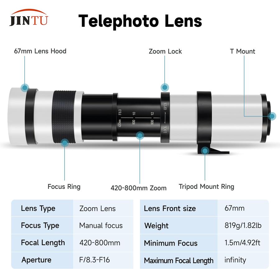 JINTU 420-1600mm 800mm f/8.3 手動ズーム望遠レンズ + Tマウント Canon EOS DSLR カメラ 4000D 2000D 1200D T7 T6 T6i T5 T5i SL2 80D 77D 700D 60D 5D 6D 7D D｜valueselection｜03