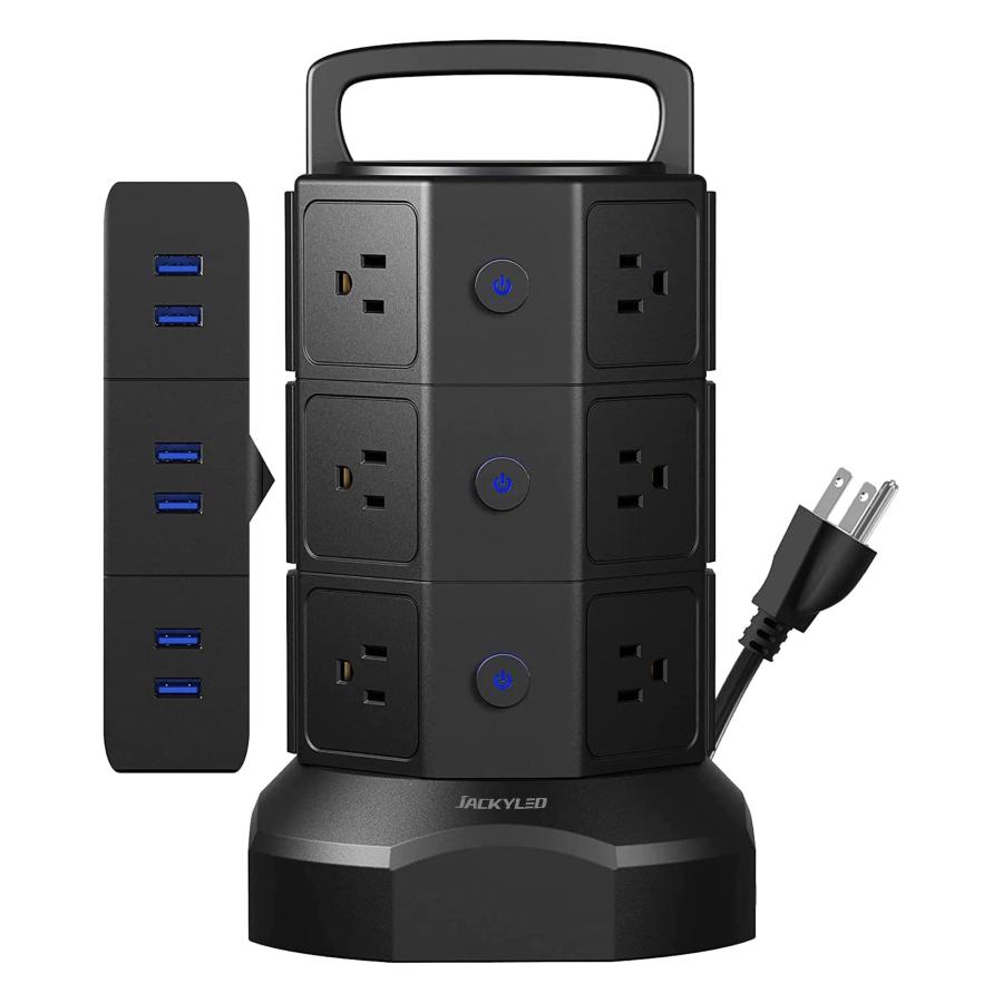 4 Outlets AC Widely 10 JACKYLED - Protector Surge Tower Strip Power USB 6.5 with Extender Outlet Plug Multi Station, Charging Electric Ports 電子計測器、電子計量器 新品即決