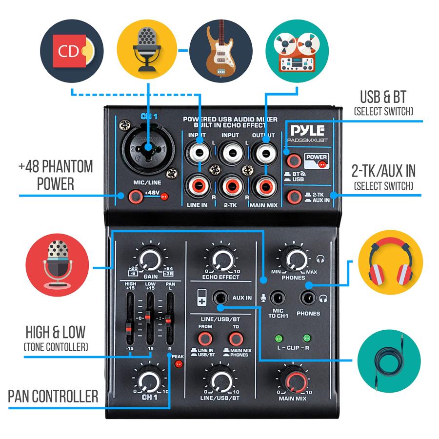 Pyle スタジオ用レコーディング機器 PAD33MXUBT ワイヤレスシステム ブラック｜valueselection｜05