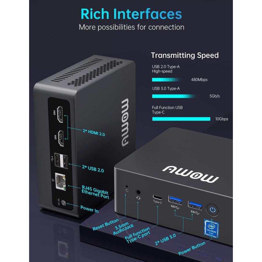 売り出し超特価 Mini PC Windows 11 Pro AWOW Mini Desktop Computer Intel Celeron J4125 8GB DDR4， NVMe M.2 256GB SSD Triple Display 4K@60Hz，WiFi， HDMI 2.0，USB