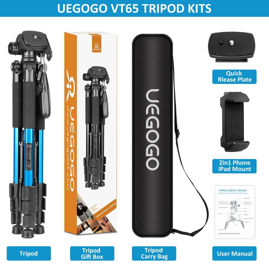UEGOGO カメラ三脚 プレミアム三脚 デジタル一眼レフカメラ用 軽量トラベルアルミプロフェッショナル三脚スタンド ユニバーサル携帯電話タブレットホルダーとキ 