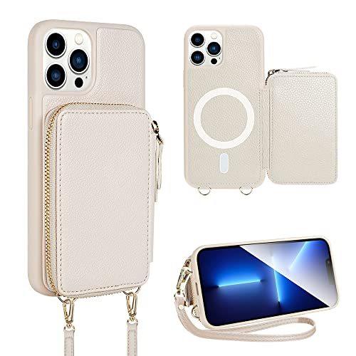 ZVE iPhone 13 Pro Magnetic Wallet Case for Women, Magsafe Charging Phone Case with RFID Card Holder Wrist Strap, Leather Purse Cover Present