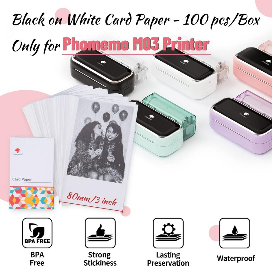 Phomemo M03 Soft Card Paper 3 Inch Adhesive Thermal Paper for Phomemo M03 Printer,77mm x 13.4mm for each, 100 Paper Per Box, Black on White｜valueselection｜05