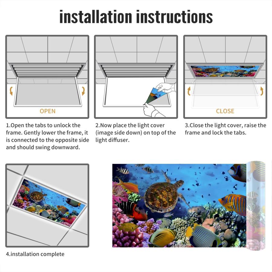 The Underwater World 2ft x 4ft Drop Ceiling Fluorescent Decorative Light Cover - Colorful Fishes Coral Reef Sea Turtle - Skylight Film Filter Eliminat｜valueselection｜05