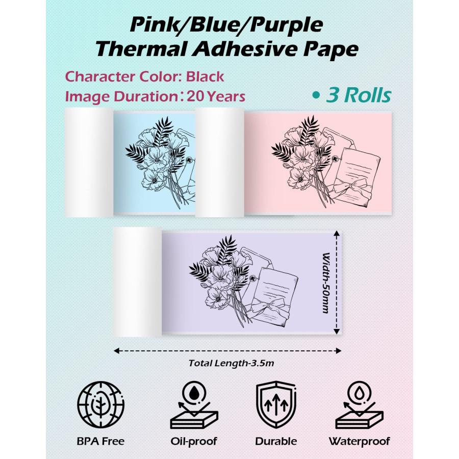 非常に良い Phomemo Adhesive Thermal Sticker Paper for Phomemo M04AS/M04S Wireless Pocket Printer， Black on Light Purple/Pink/Blue Paper， 77mm Width X 3.5m Length