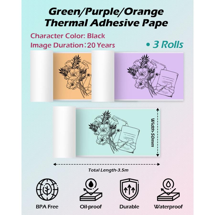 激安セールの通販 Phomemo Adhesive Thermal Sticker Paper for Phomemo M03/M03AS/M04S/M04AS Wireless Pocket Printer， Black on Green/Purple/Orange， 77mm Width X 3.5m Lengt