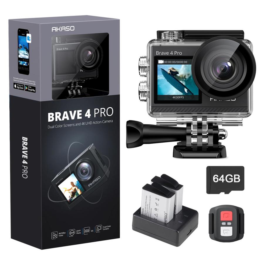 AKASO Action Camera Bundle with Brave 4 Pro 4K30fps Sports Camera, 64GB