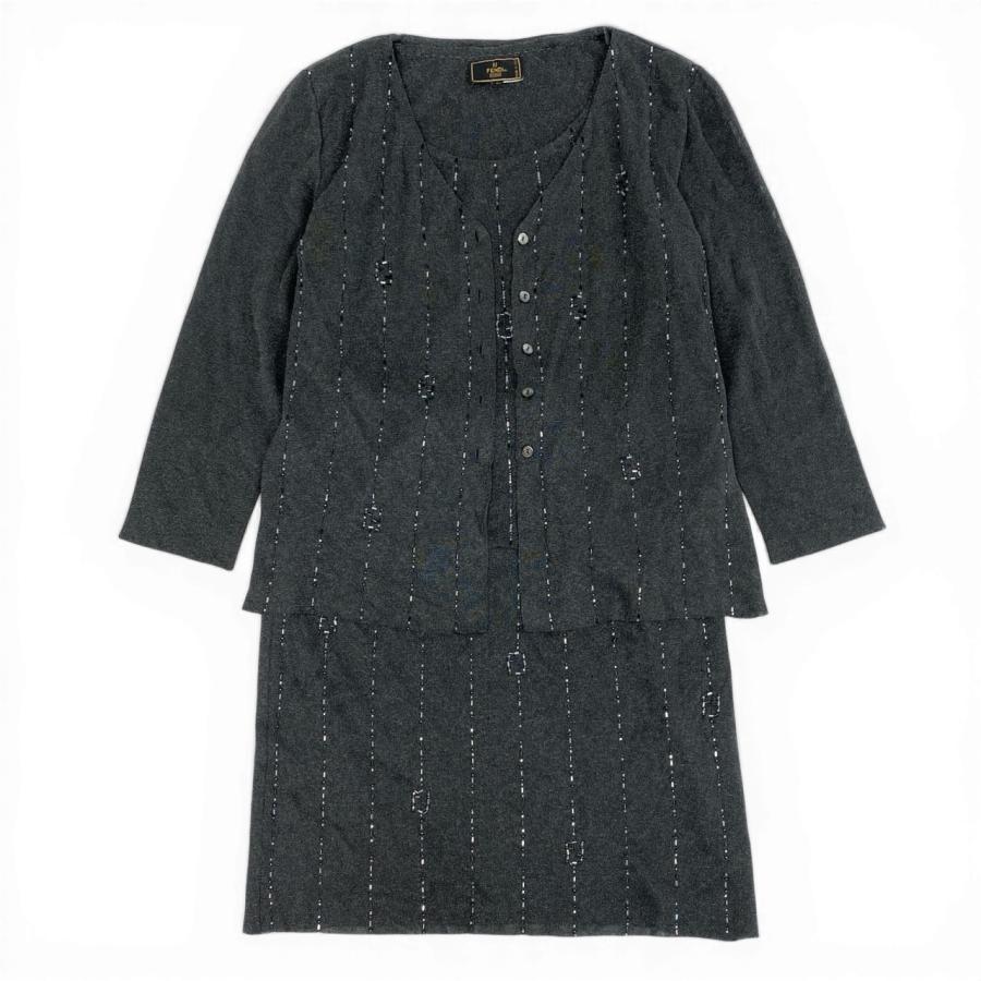 Id10 Vintage FENDI フェンディ ビジュー FFロゴ ニットセットアップ ３点セット 46 グレー系u02t_1