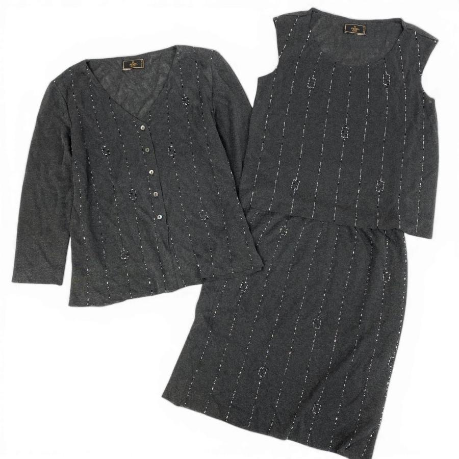 Id10 Vintage FENDI フェンディ ビジュー FFロゴ ニットセットアップ ３点セット 46 グレー系u02t_2