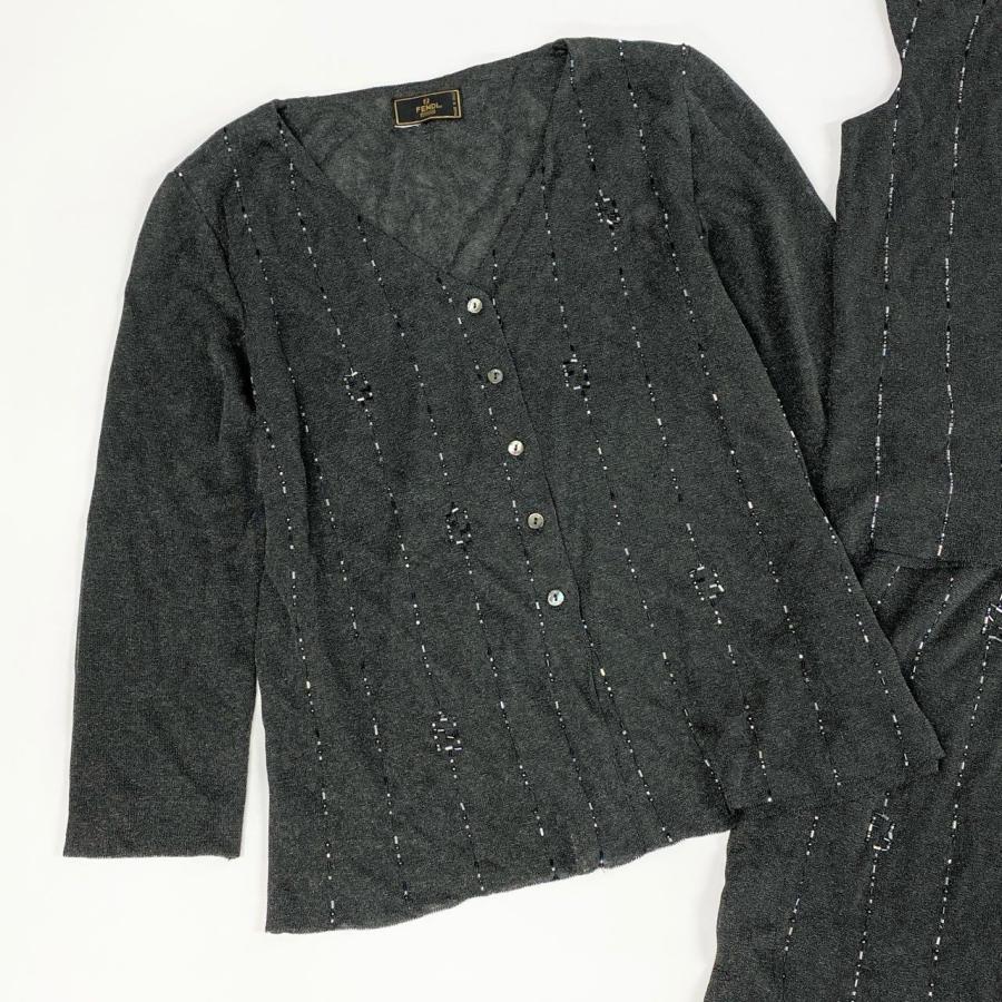 Id10 Vintage FENDI フェンディ ビジュー FFロゴ ニットセットアップ ３点セット 46 グレー系u02t_3