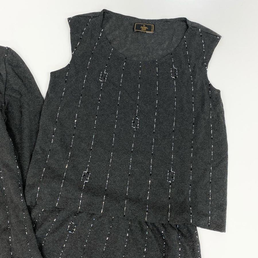 Id10 Vintage FENDI フェンディ ビジュー FFロゴ ニットセットアップ ３点セット 46 グレー系u02t_4