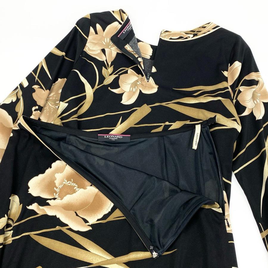 60d13 LEONARD FASHION レオナール セットアップスカート 美しい花柄プリント カンカン素材 長袖カットソー 膝丈スカート LL ブラック レディース 女性用o07t_2