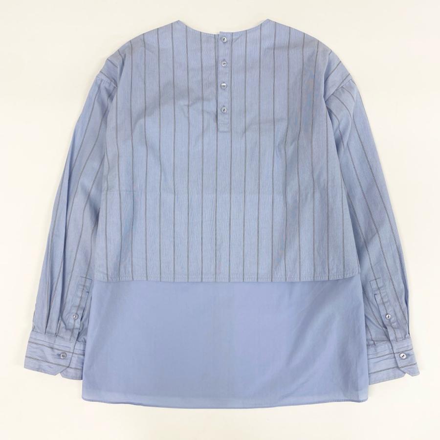54g10 《美品》定価￥64.900 Drawer ドゥロワー 24SS レイヤーノーカラーブラウス 36 ブルー 日本製 シャツ ストライプ柄
