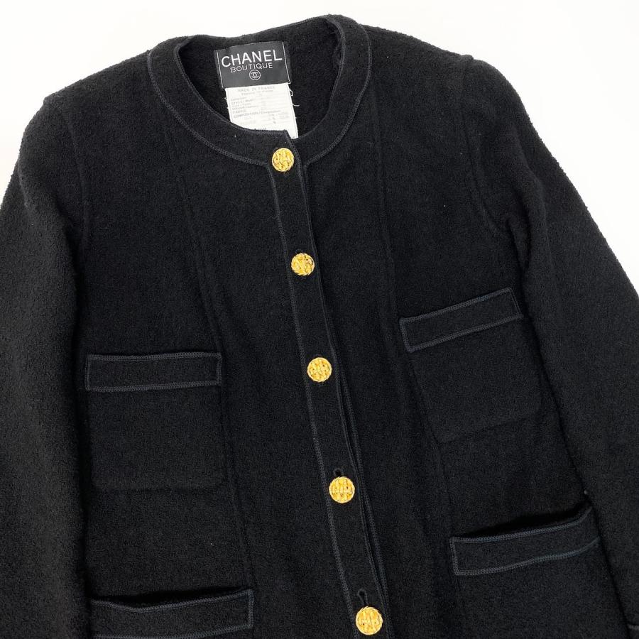 Cd9 CHANEL シャネル ノーカラー ツイードコート 金ボタン 1992SS 21172 40 ブラック レディースnu1_4